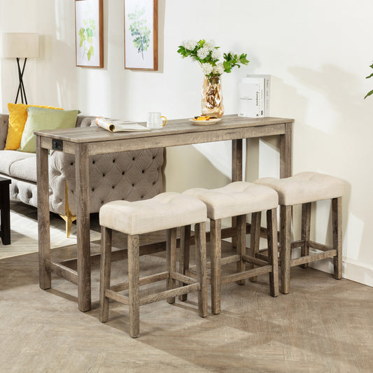 4-Piece Bar Table Set with Power Outlet and 3 Padded Stools - Brown - Main View