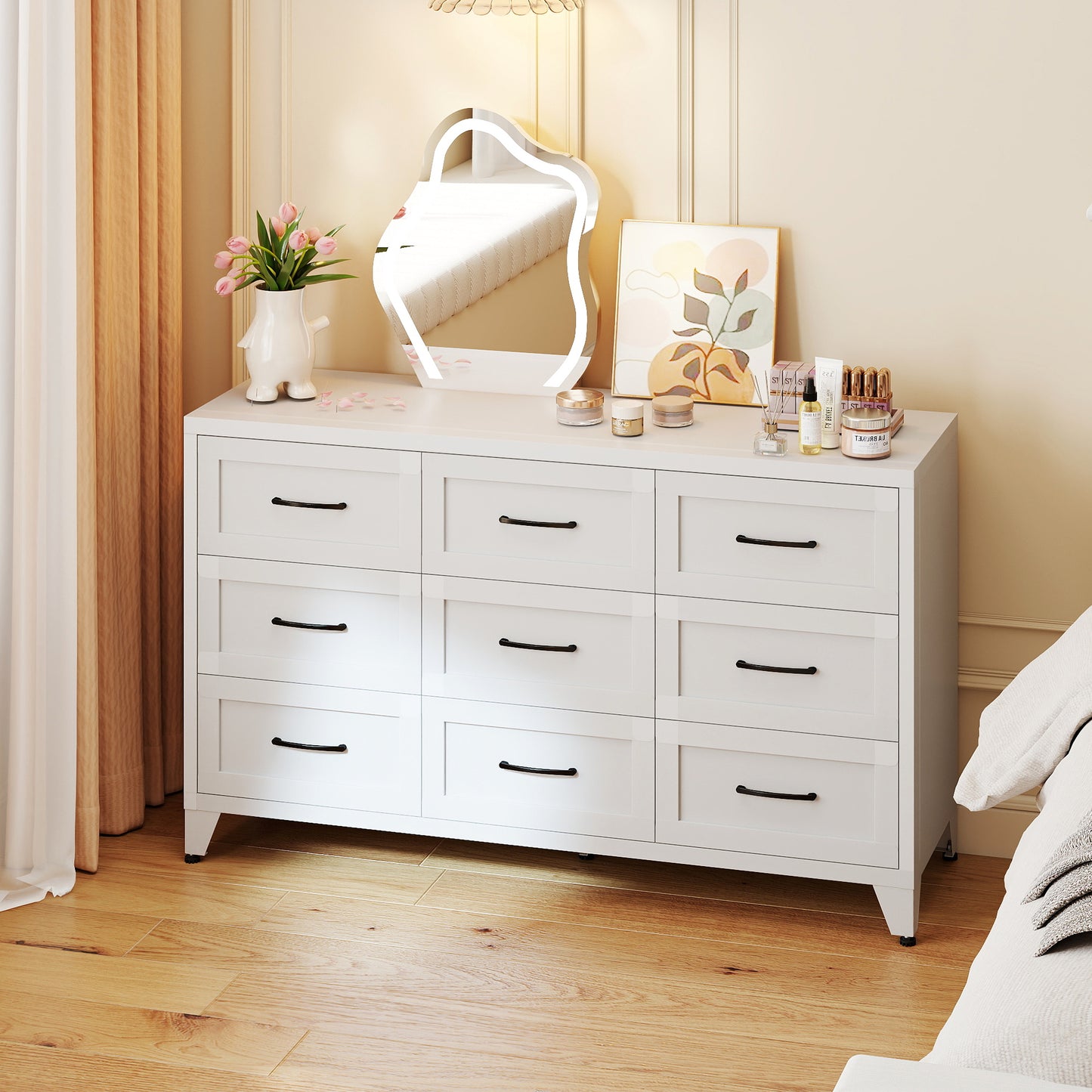 9 Drawer Dresser for Bedroom, Metal Profile Chest of Drawers, White Bedroom Dresser with Storage Drawers for Closet, Hallway, Entryway, Steel Furniture with Quiet-Glide Rails, Easy-Clean & Scratch image 1