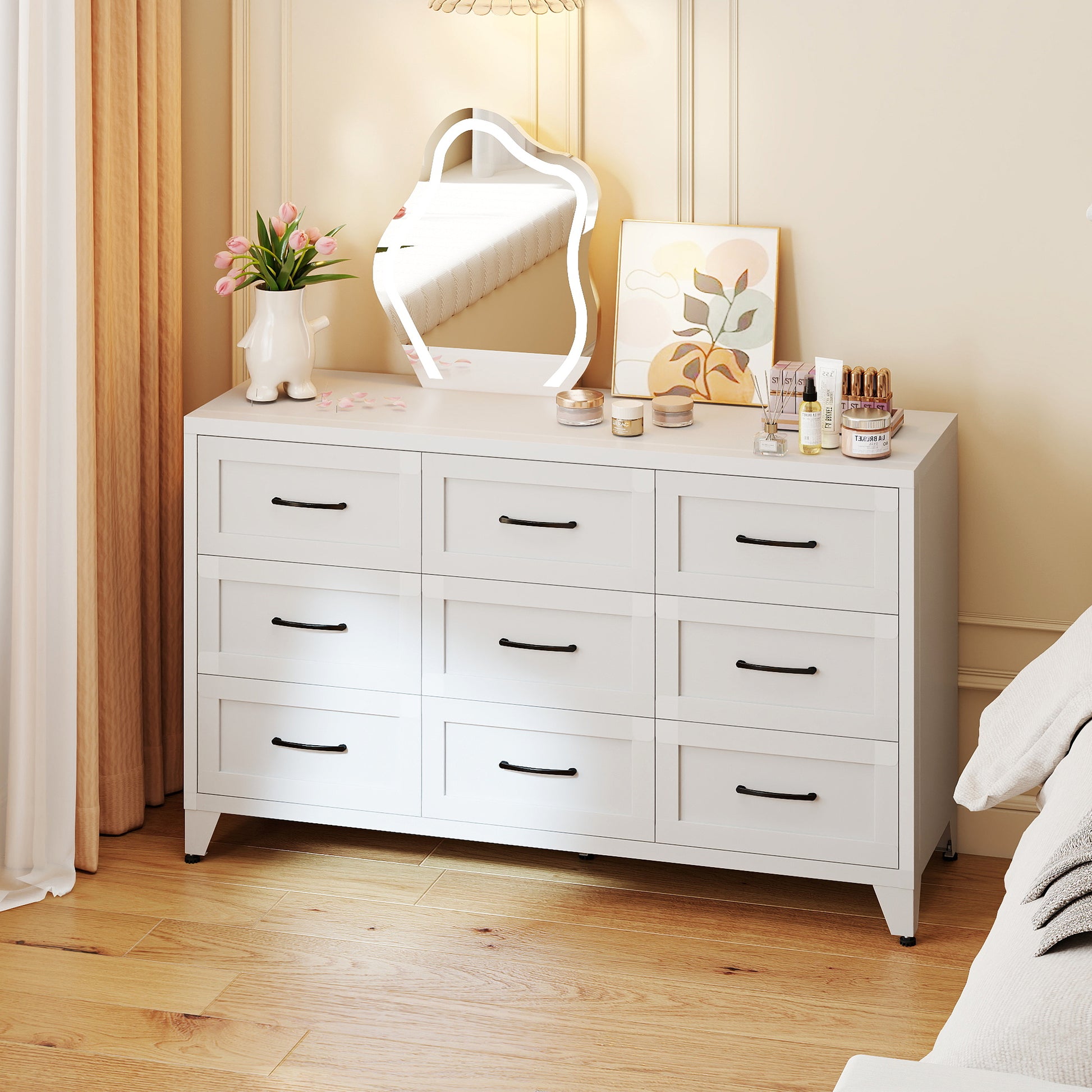 9 Drawer Dresser for Bedroom, Metal Profile Chest of Drawers, White Bedroom Dresser with Storage Drawers for Closet, Hallway, Entryway, Steel Furniture with Quiet-Glide Rails, Easy-Clean & Scratch image 1