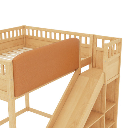 Full Size Loft Bed with upholstered headboard and storage shelves, complete with ladder and slide, Natural image 10