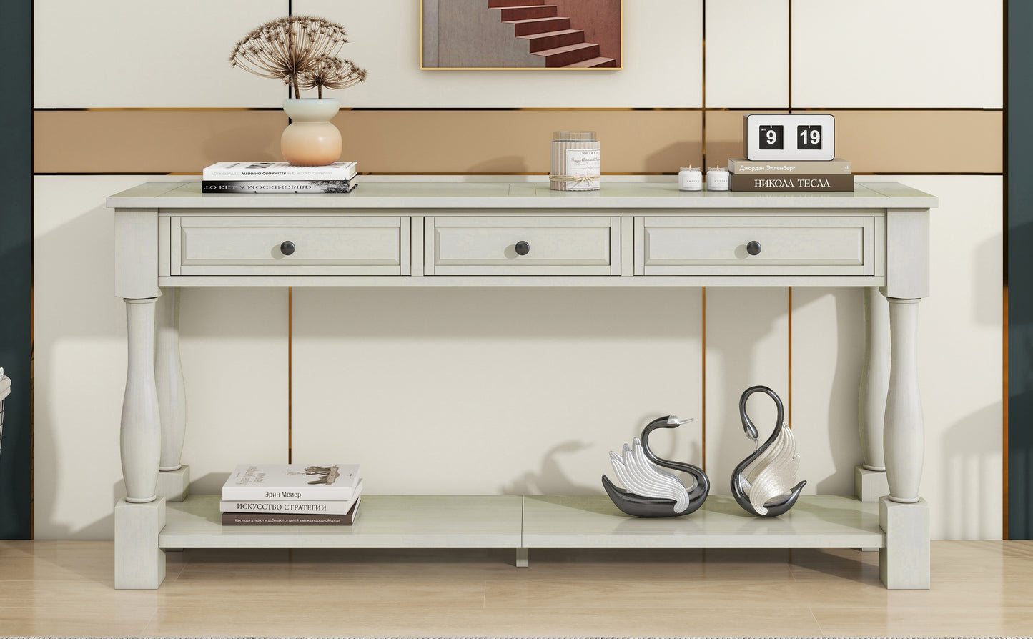 TREXM Console Table 63" Long Console Table with Drawers and Shelf for Entryway, Hallway, Living Room (Antique White, OLD SKU: WF314993AAK) image 3