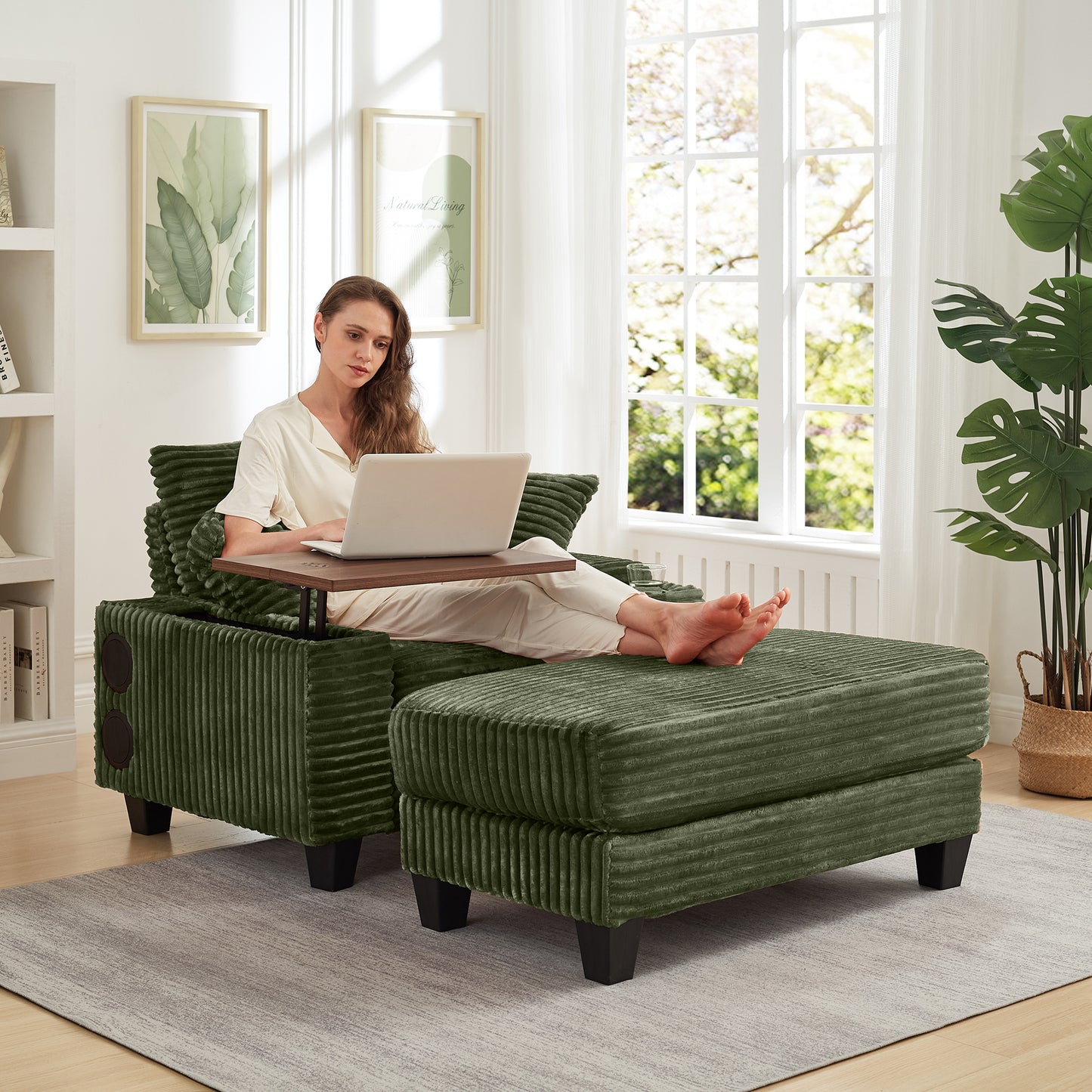 Fluffy Corduroy Storage Armrest Sofa,Single Versatile Seat with Ottoman,Cup Holder,Bluetooth Speaker,USB Ports,180°Rotating Table Board,For Living Room,Bedroom and Apartment image 1