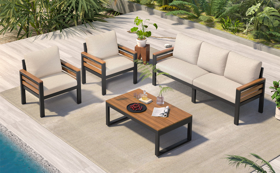 <Old SKU: N704G201246A> GO 4-Piece Outdoor Furniture Sofa Set for 5 People with Acacia Wood Armrests, Patio Conversation Set with Removable Cushion and Solid Wood Coffee Table for Garden,Beige image 8