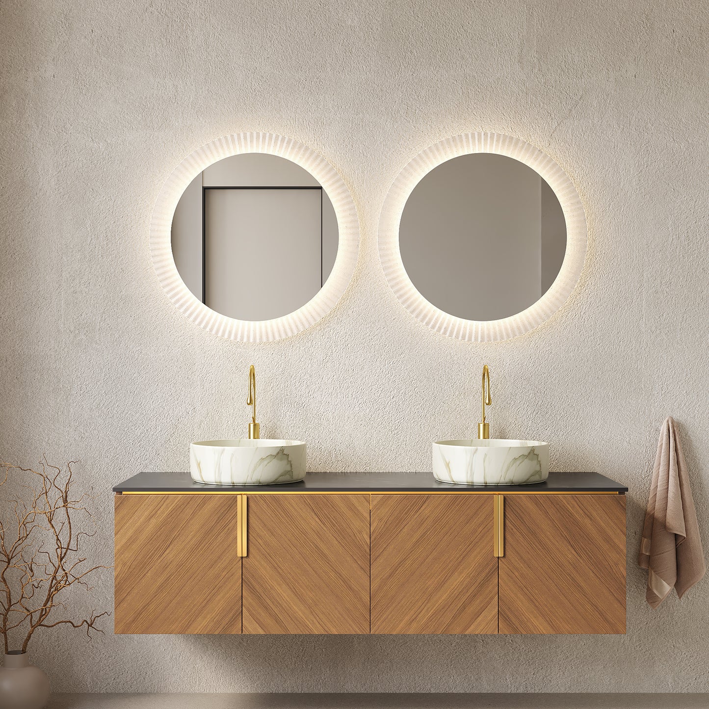 ARAI 60" Bathroom Vanity&Sinks, Floating Plywood Bathroom Storage Cabinet with 4 Doors, 2 White Round Ceramic Basins with Stone Pattern&Black Sintered Stone Countertop, Brown Oak Woodgrain (New SKU) image 1