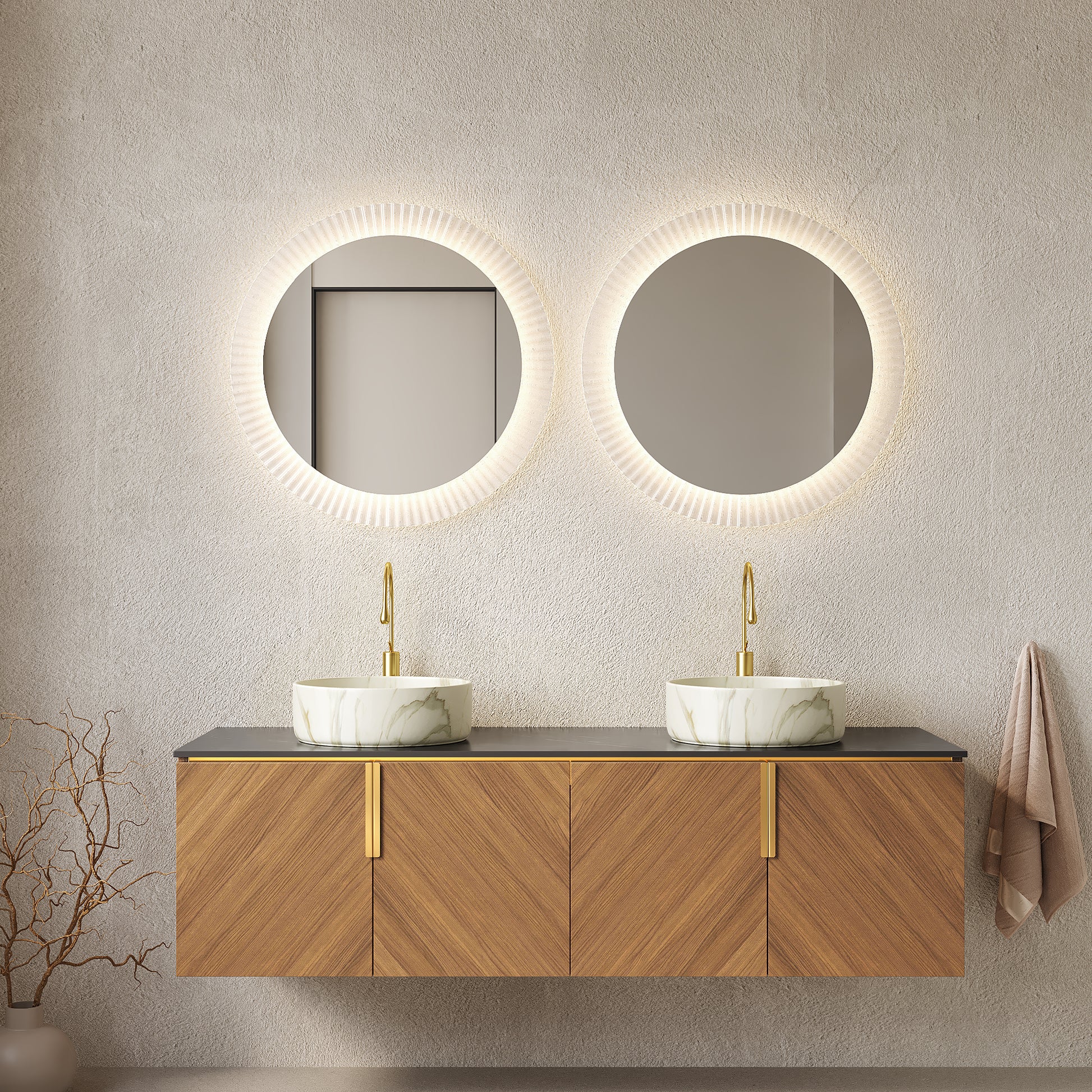 ARAI 60" Bathroom Vanity&Sinks, Floating Plywood Bathroom Storage Cabinet with 4 Doors, 2 White Round Ceramic Basins with Stone Pattern&Black Sintered Stone Countertop, Brown Oak Woodgrain (New SKU) image 1