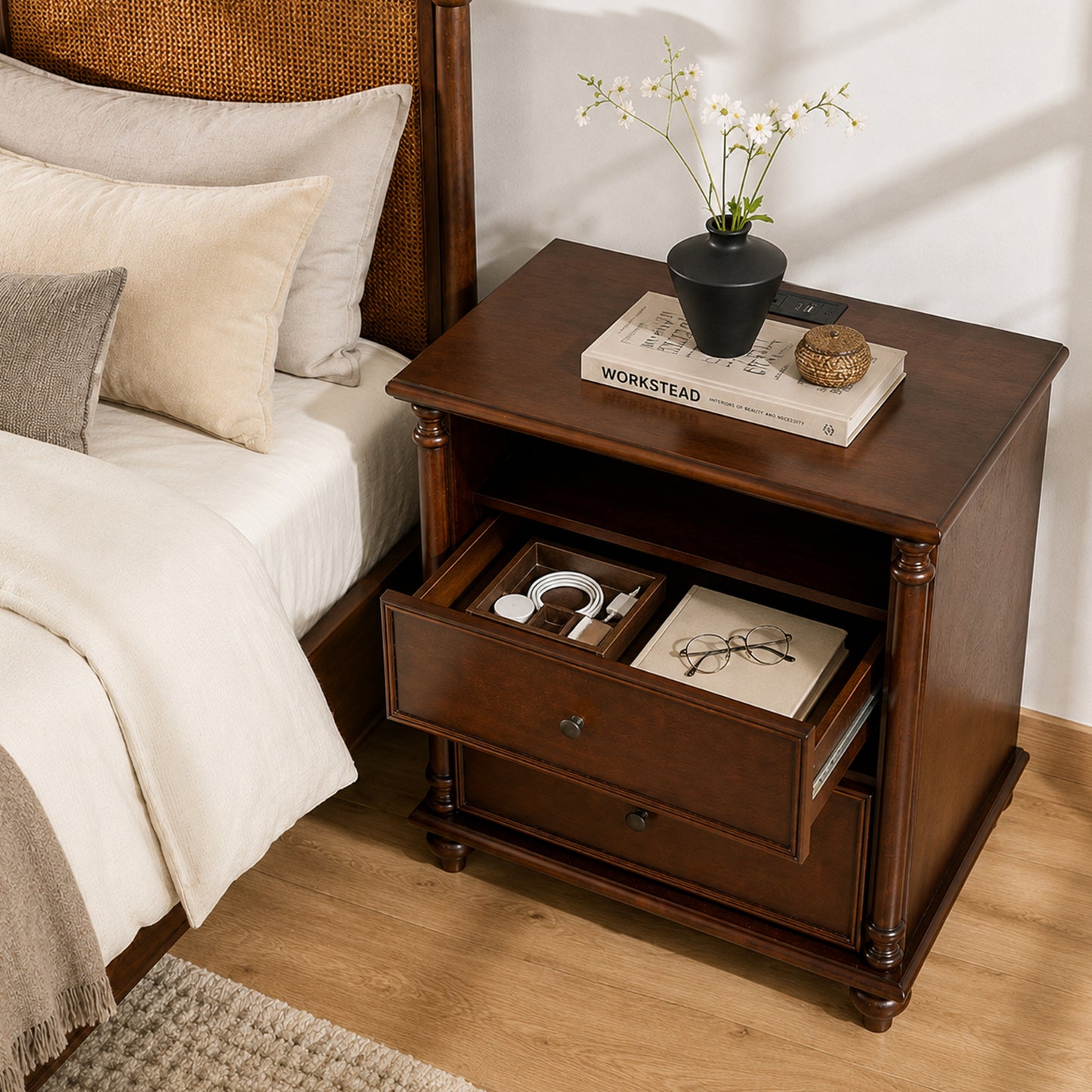 28"Nightstand with Charging Station, Rustic Brown Nightstand, 2 Drawers End Table, Bedside Table Walnut for bedroom image 3
