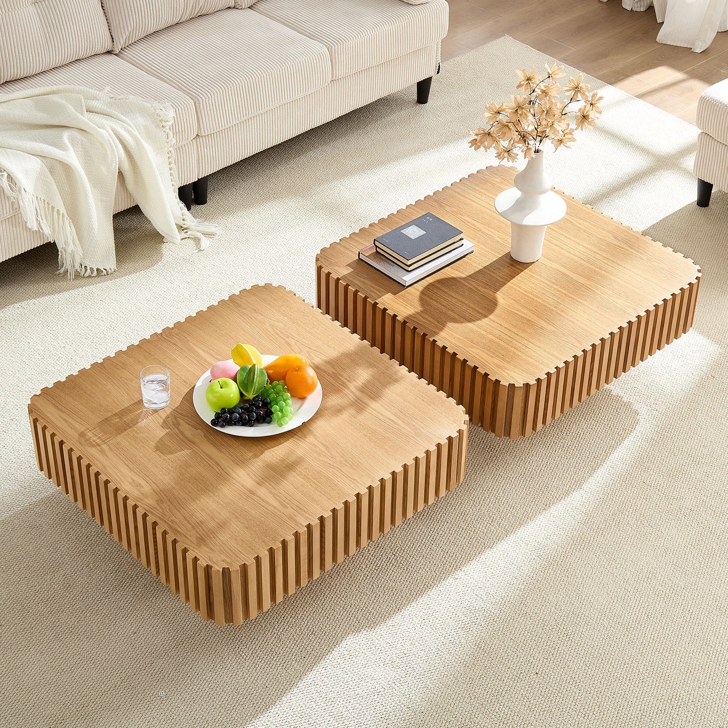 2PCS Set 31.5 Inch Modern Handcraft Drum Coffee Table Square Coffee Table for Living Room,Small Wooden Coffee Table with Sturdy MDF Pedesta,Natural Color image 4