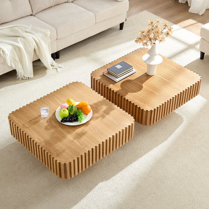 2PCS Set 31.5 Inch Modern Handcraft Drum Coffee Table Square Coffee Table for Living Room,Small Wooden Coffee Table with Sturdy MDF Pedesta,Natural Color image 4