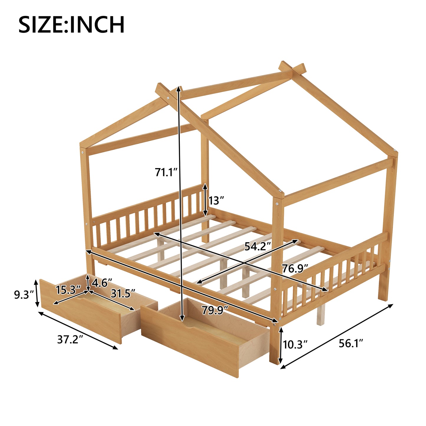 Full Size House Platform Bed with Two Drawers,Headboard and Footboard,Roof Design,Natural image 8