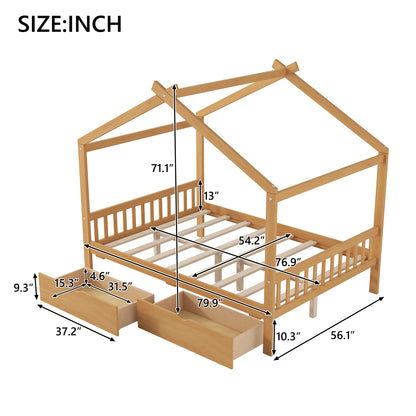 Full Size House Platform Bed with Two Drawers,Headboard and Footboard,Roof Design,Natural image 8