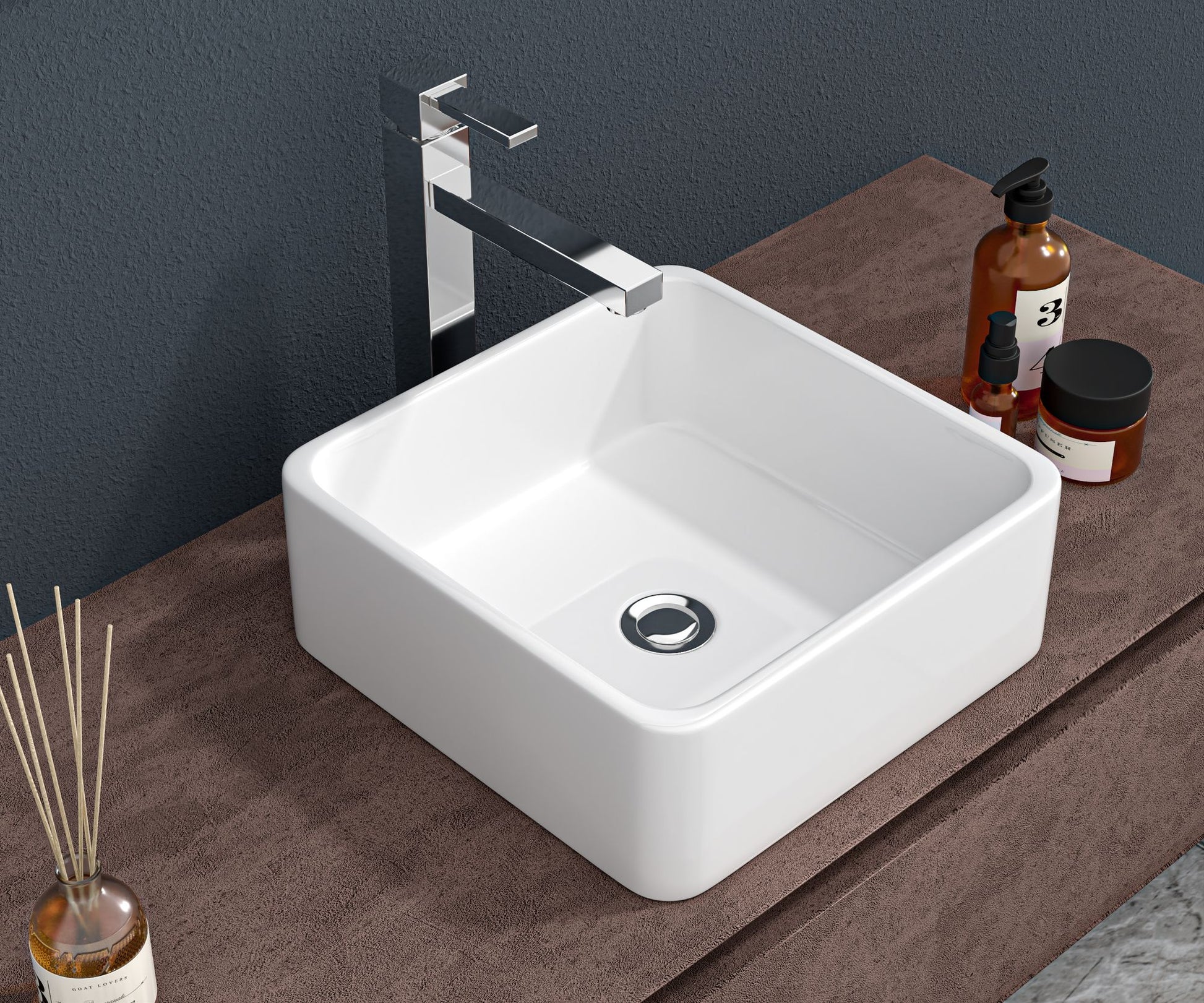 15x15 Inch White Ceramic Square Vessel Bathroom Sink image 2