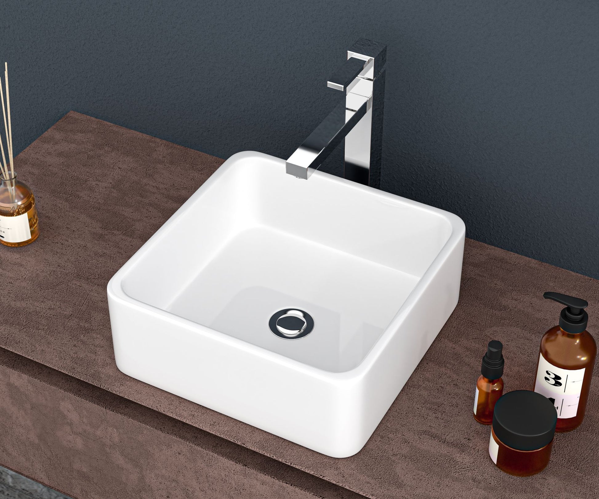 15x15 Inch White Ceramic Square Vessel Bathroom Sink image 3