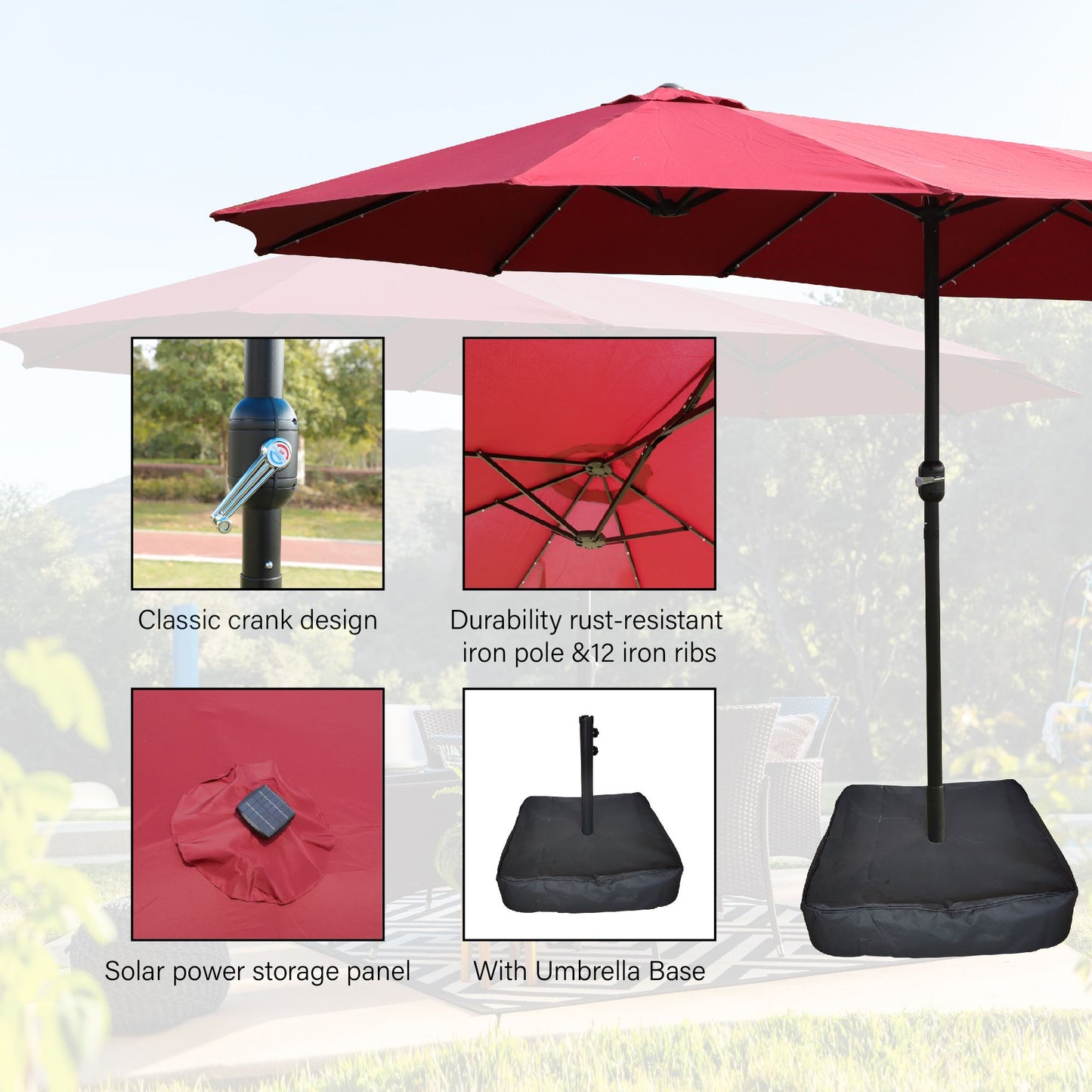 15x9ft Large Double-Sided Rectangular Outdoor Twin Patio Market Umbrella with light and base- red image 3