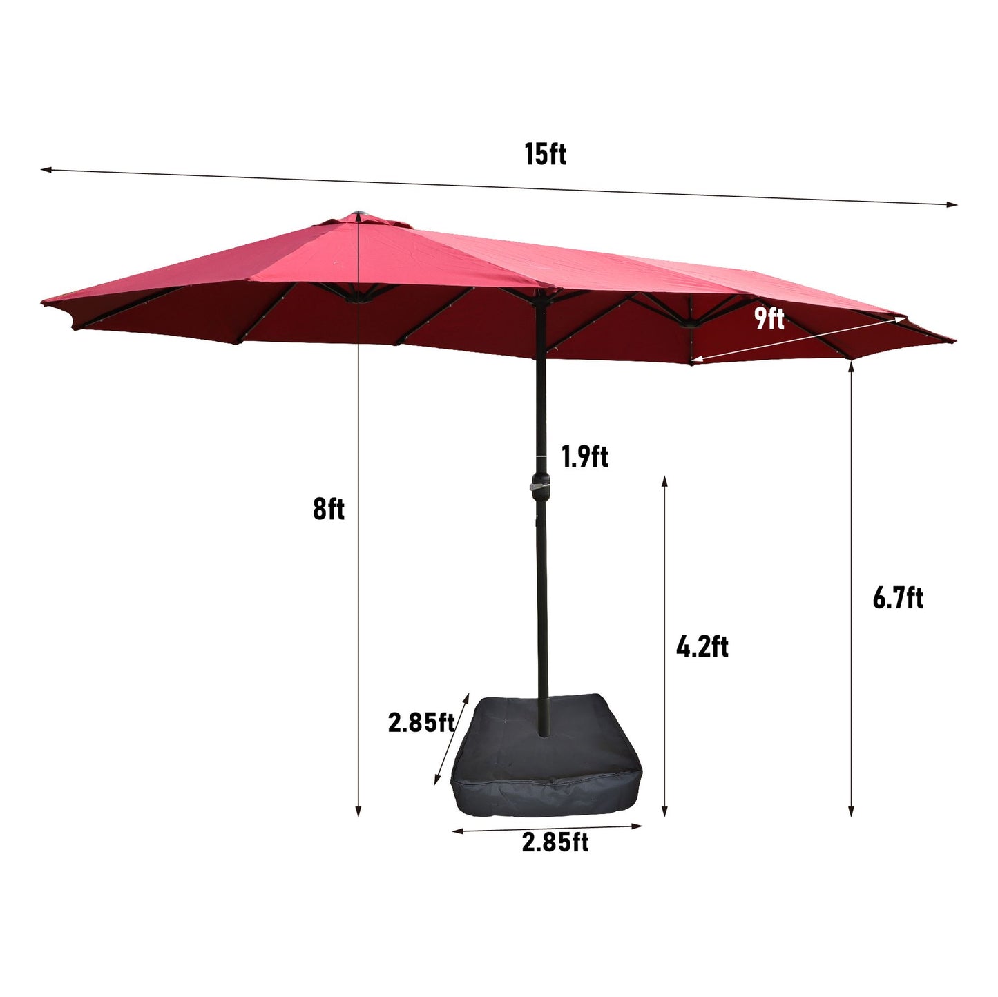 15x9ft Large Double-Sided Rectangular Outdoor Twin Patio Market Umbrella with light and base- red image 4