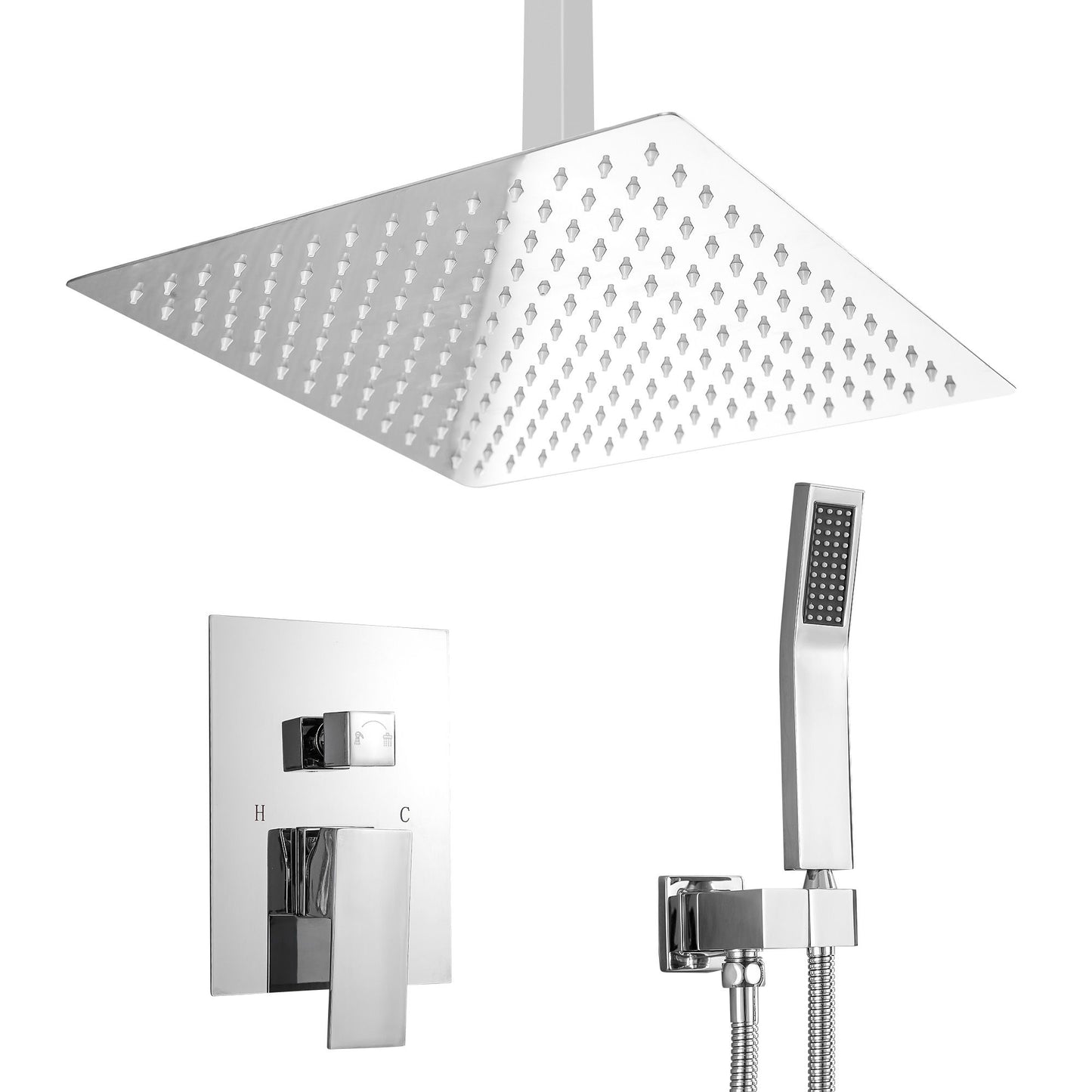 16-inch Ceiling Mount Square Stainless Steel High Pressure Rain Shower Head With Stainless Steel Shower Hose and Handhel image 5