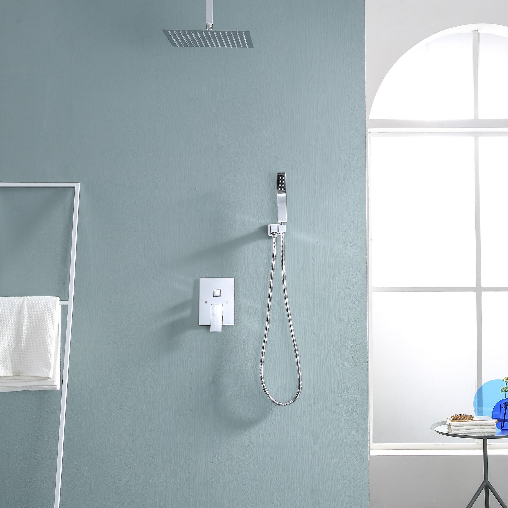 16-inch Ceiling Mount Square Stainless Steel High Pressure Rain Shower Head With Stainless Steel Shower Hose and Handhel image 2