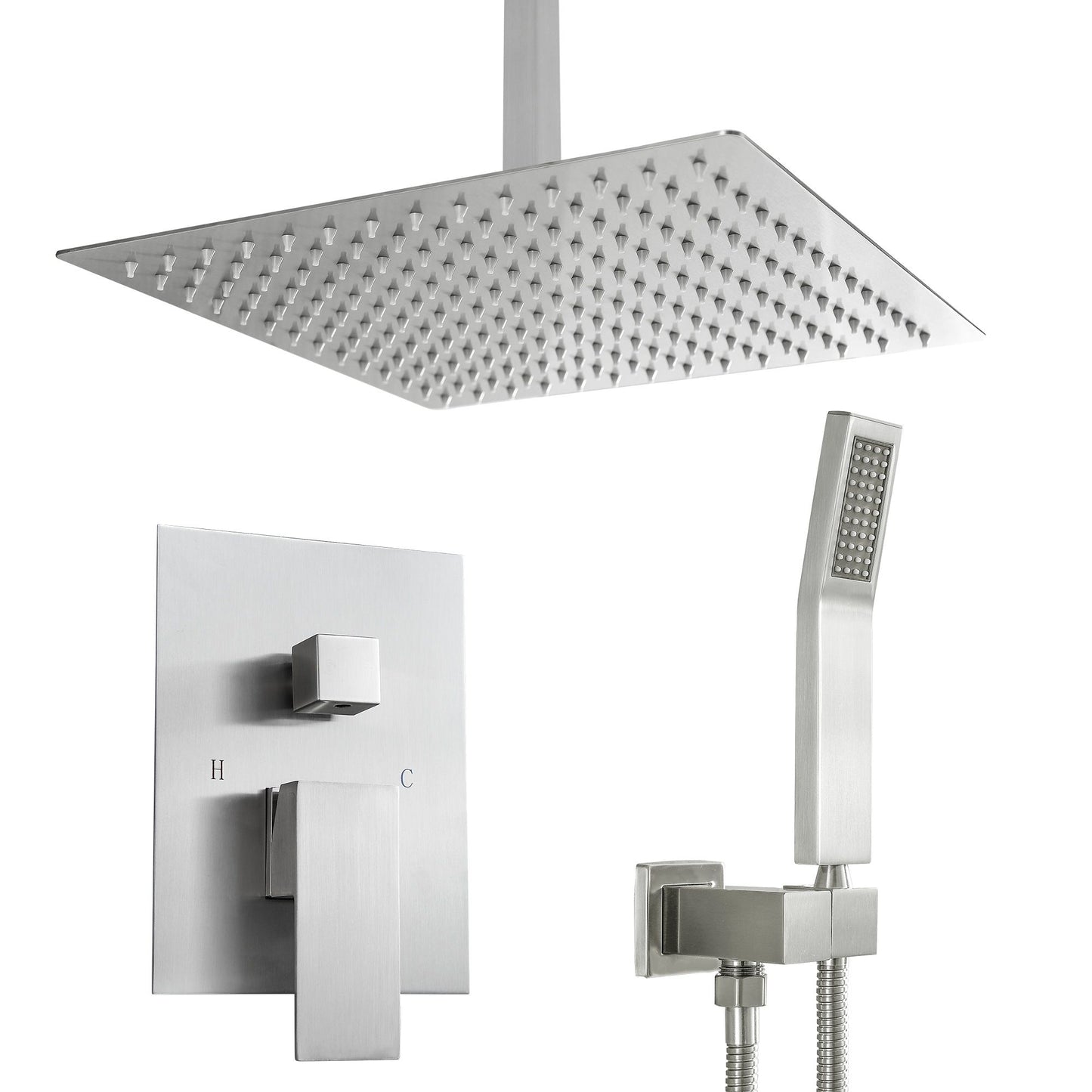 16-inch Ceiling Mount Square Stainless Steel High Pressure Rain Shower Head With Stainless Steel Shower Hose and Handhel image 14