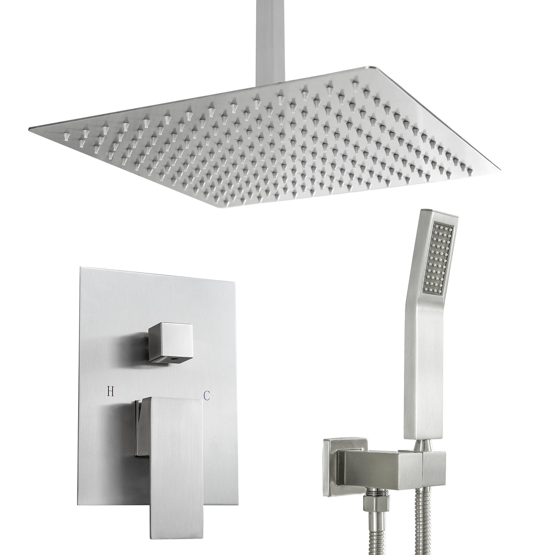 16-inch Ceiling Mount Square Stainless Steel High Pressure Rain Shower Head With Stainless Steel Shower Hose and Handhel image 14