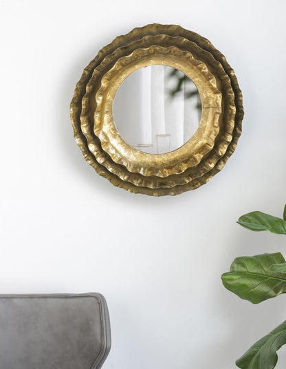 Round wall mirror with gold finish layered petals design