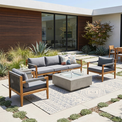 3 Pieces Outdoor Sectional Sofa Set, Rope Woven Patio Conversation Set with Solid Acacia Wood Frame, Water-Resistant Removable Cushions for Backyard, Deck and Poolside, Grey image 12