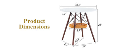 31.5-inch diameter circular dining table, white MDF vacuum formed tabletop, walnut solid wood legs, with suspended woven storage basket structure. A casual coffee table suitable for 2-4 people. image 8