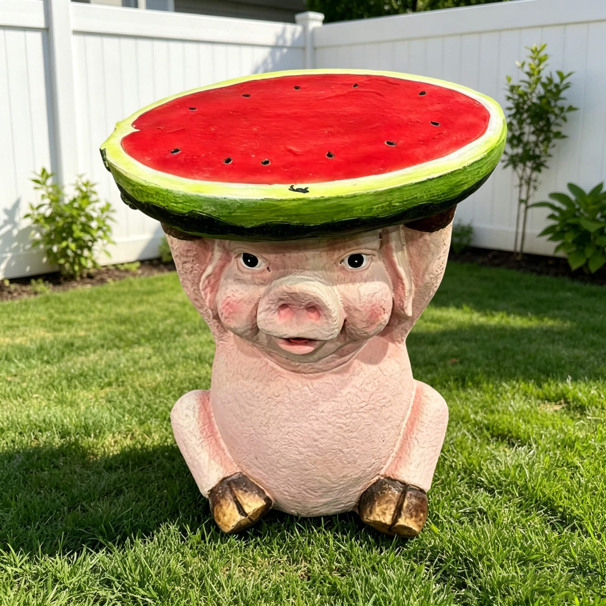 13.39" High Cute Pig Side Table, 11.34" Wide Resin Pig with Watermelon Top, Multi-Functional Plant Stand & End Table for Home & Garden Decoration image 7