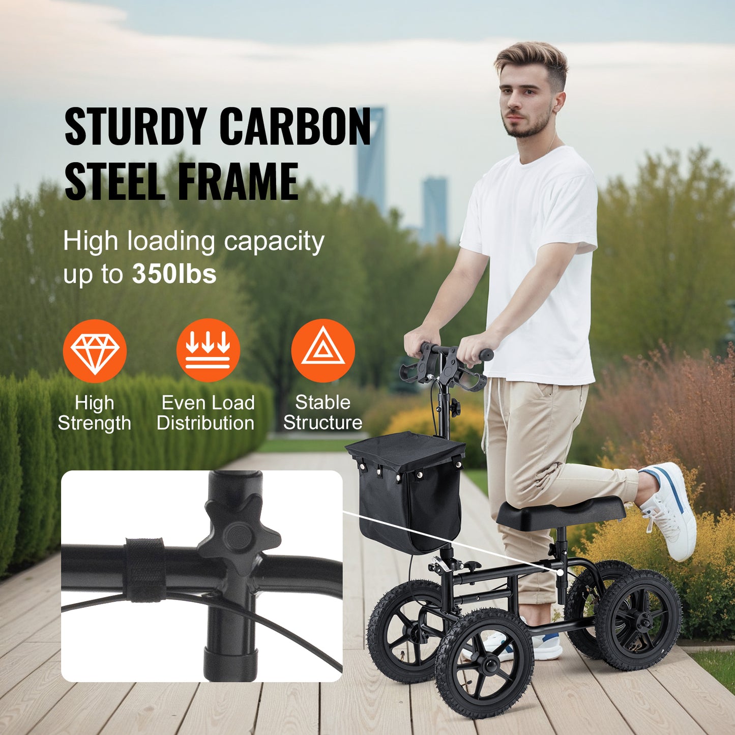 Folding Knee Scooter, Carbon Steel Steerable Knee Walker with Height-Adjustable Handlebar & Knee Pad, 12" All-Terrain Wheel, Dual Brakes, Leg Recovery Scooter for Injured Ankle Foot Knee, 350LBS image 6
