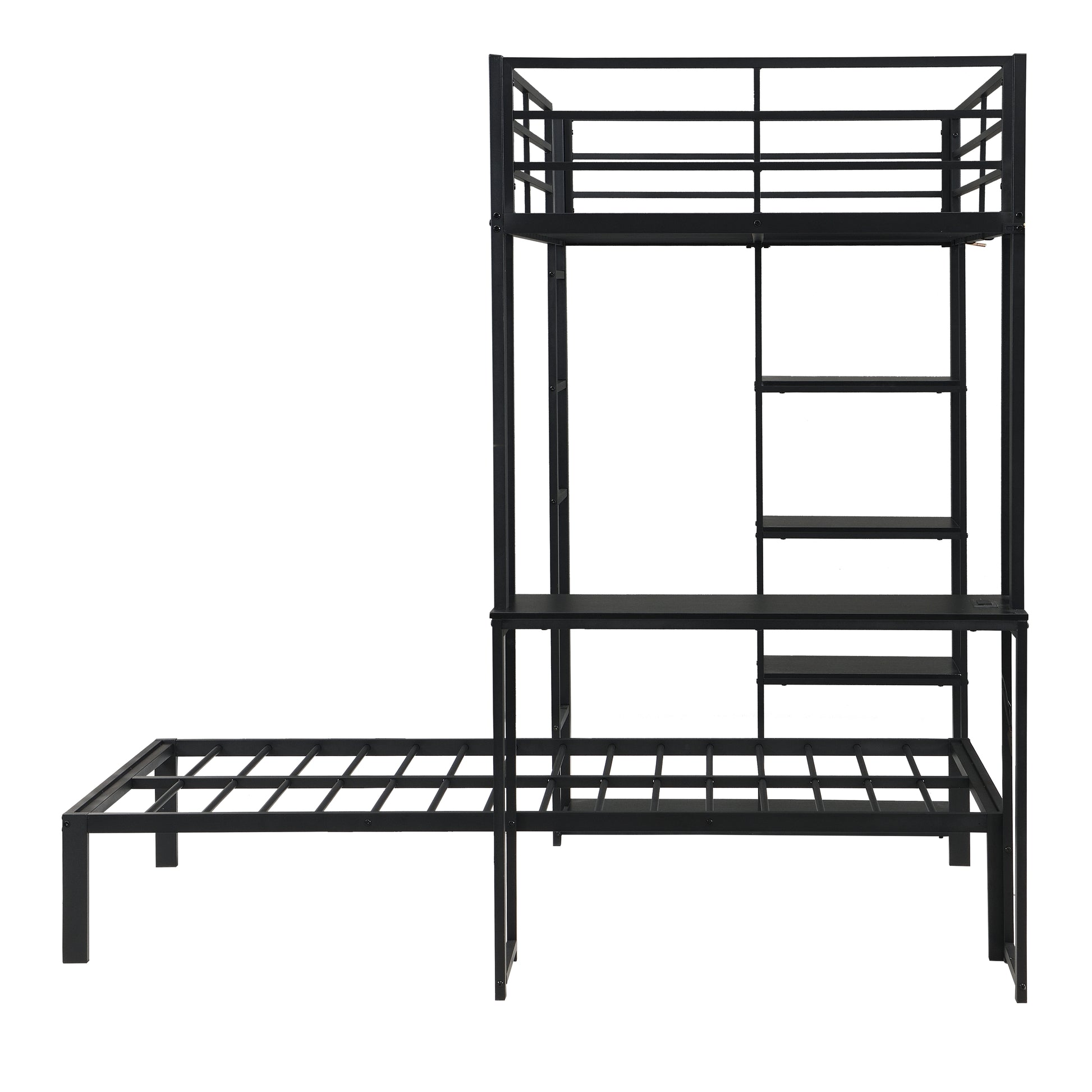 Metal Loft Bed Frame with LED Light Strip, Side Storage Shelves & Built-in Desk, TWIN/TWIN Size Metal Bunk Bed, Dorm, Apartment, Guest Room image 8