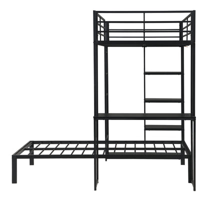 Metal Loft Bed Frame with LED Light Strip, Side Storage Shelves & Built-in Desk, TWIN/TWIN Size Metal Bunk Bed, Dorm, Apartment, Guest Room image 8