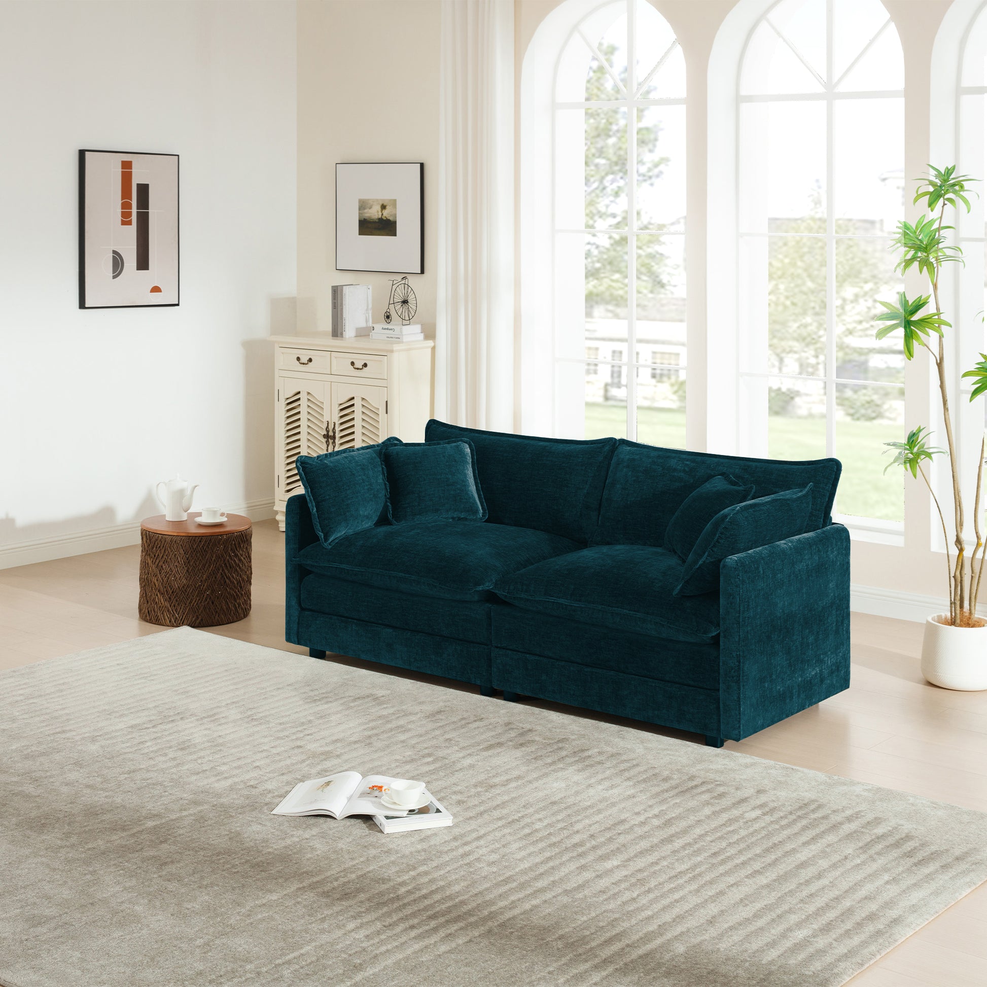 Modern Fabric Loveseat Sofa Couch for Living Room, Upholstered Large Size Deep Seat 2-Seat Sofa with 4 Pillows,Blue Chenille image 1