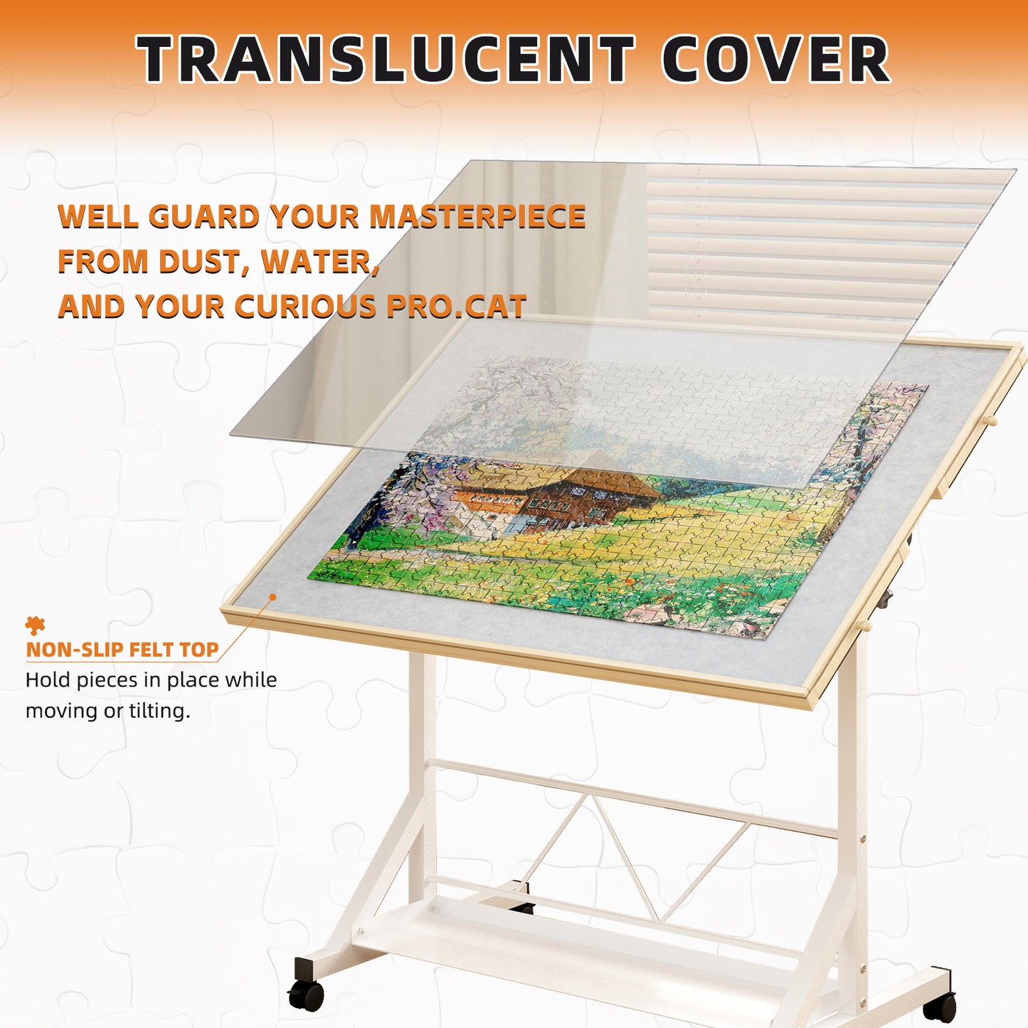 (WHITE) Wooden 1500 Piece Puzzle Table with Drawer, 35"*27.17" Adjustable Puzzle Table, 360° Tilting Puzzle Table with Legs and Wheels, Adjustable Height and Angle, with Protective Cover image 8