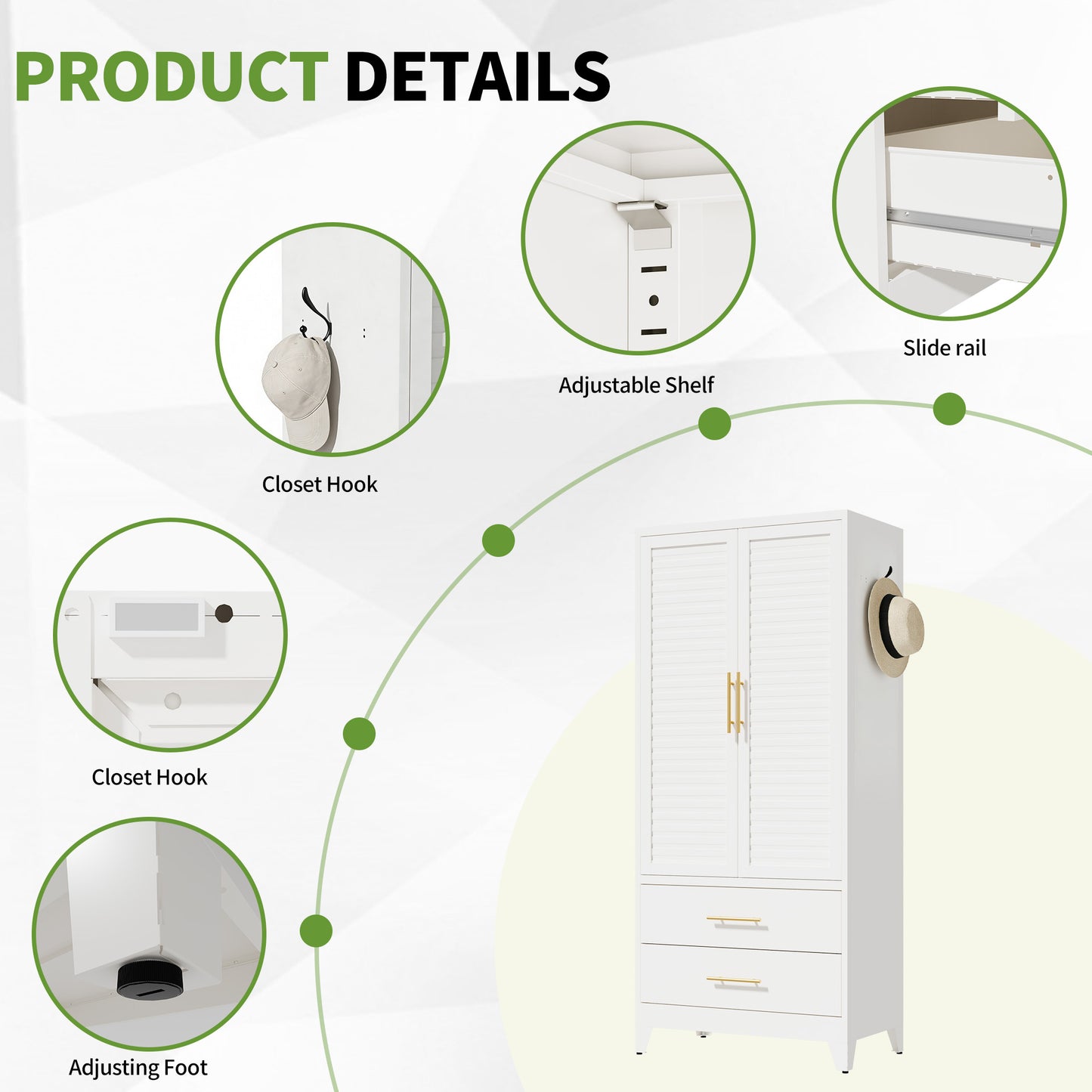 White Metal Wardrobe Closet with 2 Doors and Drawers, 71″ Tall Storage Cabinet for Bedroom, Lightweight Portable Closet for Small Apartments, Dorm, Renters, Cold Rolled Steel, Easy Assembly image 8