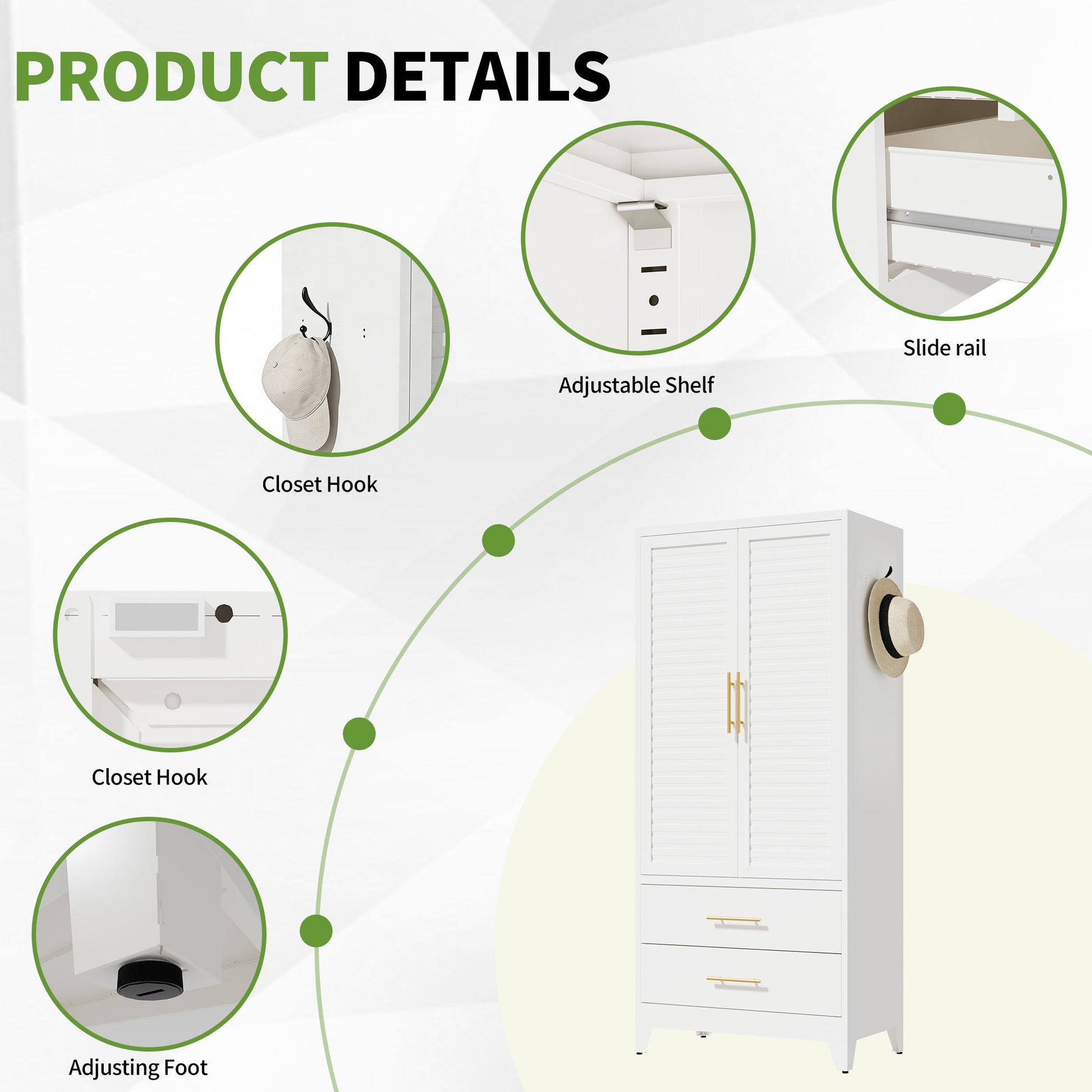 White Metal Wardrobe Closet with 2 Doors and Drawers, 71″ Tall Storage Cabinet for Bedroom, Lightweight Portable Closet for Small Apartments, Dorm, Renters, Cold Rolled Steel, Easy Assembly image 8