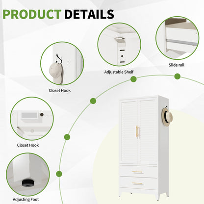 White Metal Wardrobe Closet with 2 Doors and Drawers, 71″ Tall Storage Cabinet for Bedroom, Lightweight Portable Closet for Small Apartments, Dorm, Renters, Cold Rolled Steel, Easy Assembly image 8
