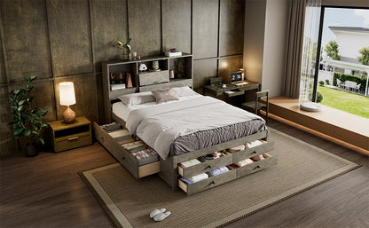 Queen Size Platform Bed with Storage Headboard and 8 Drawers, Gray image 6