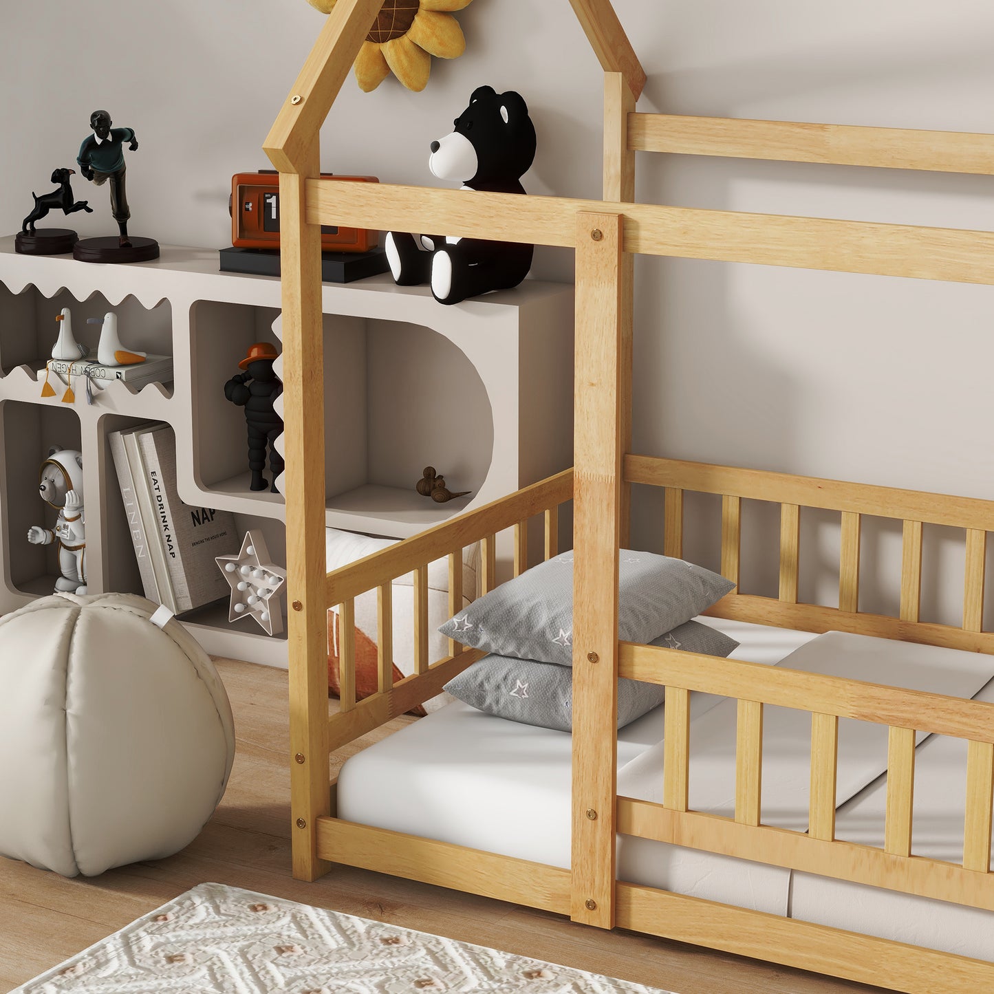Twin Size House Floor Wooden Bed with Roof Frame,Safety Guardrails,Natural (Old Sku W504P286404) image 4