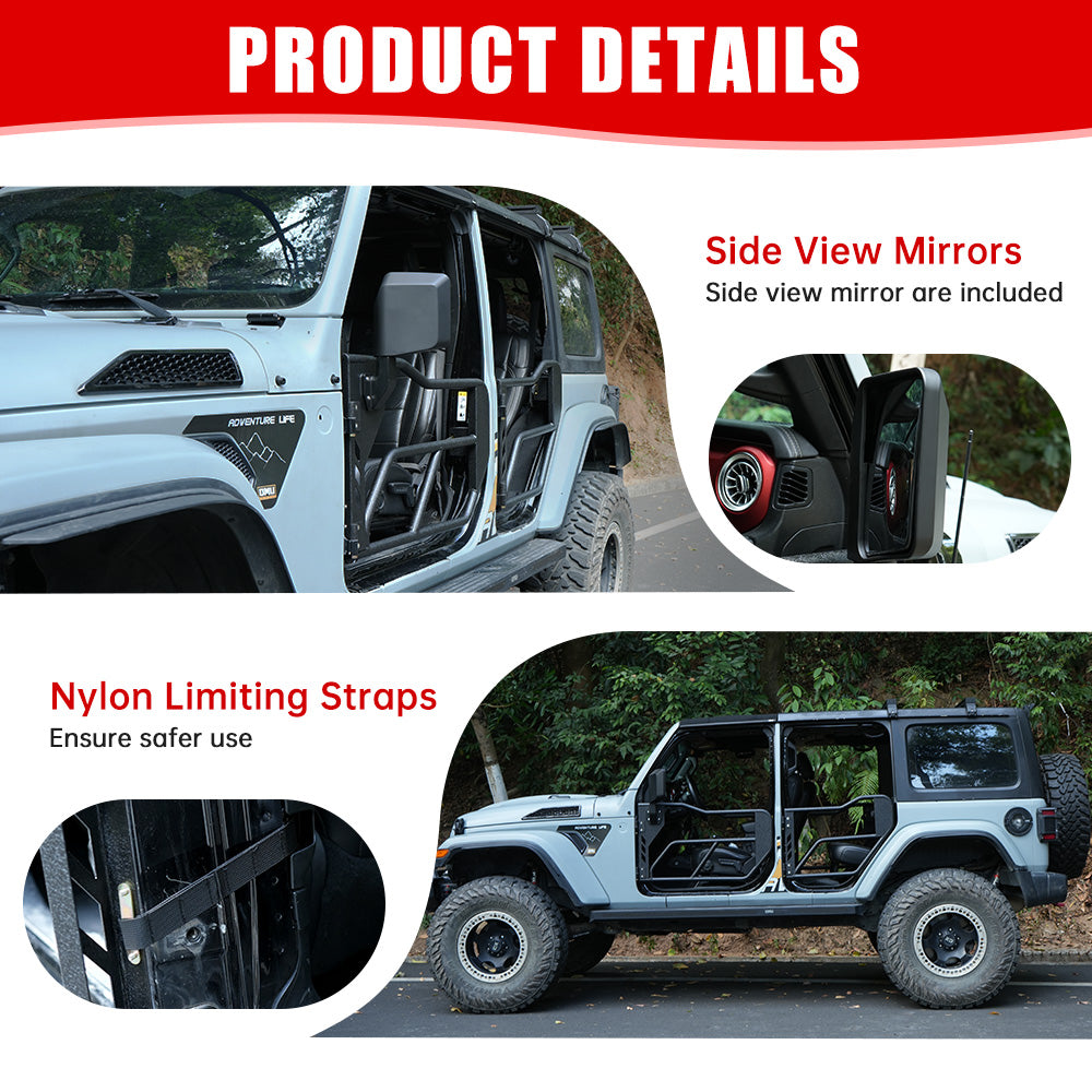 Tube Doors with Side View Mirror for 2018-2026 Jeep Wrangler JL JLU & Gladiator JT 4-Doors (Includes 4XE) 4-piece set Off Road Summer Trail Adventure image 8