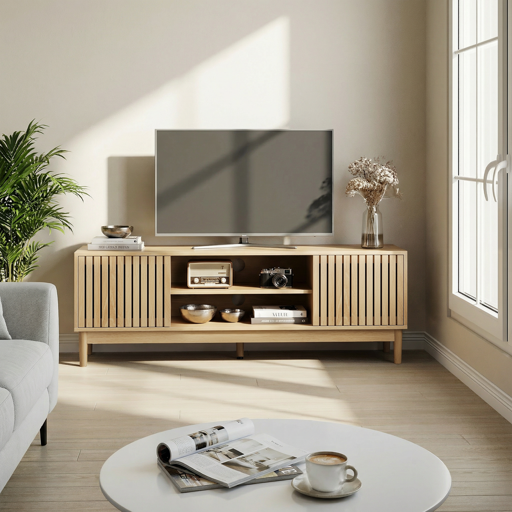 55-inch TV stand, mid-century modern style TV stand (suitable for 55/65-inch TVs), entertainment center with storage, media console for living room and bedroom, oak color image 1