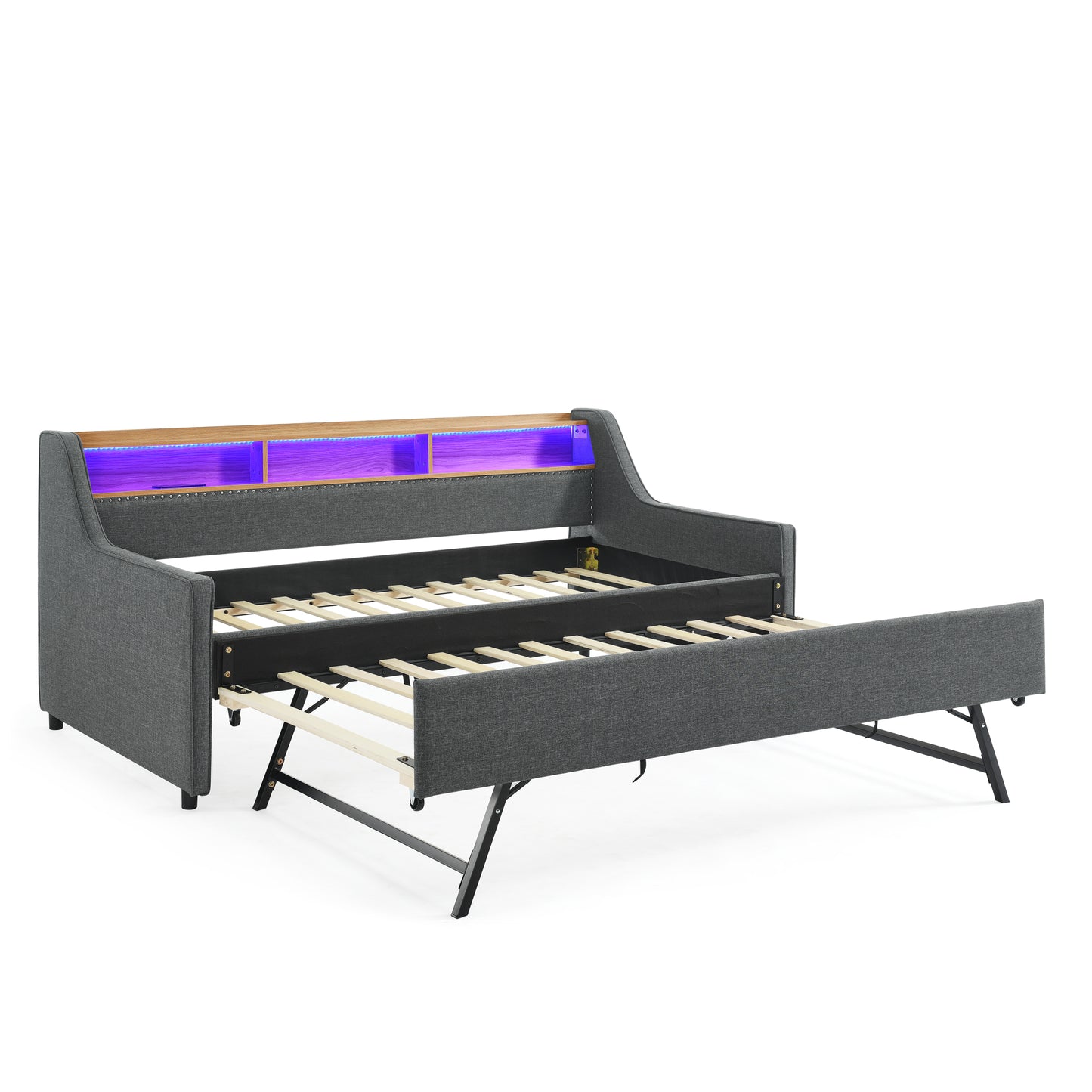 Twin Size Upholstery Sofa Bed with Three LED lights, with Storage Adjustable Headboard, with Foldable Leg Pull up Trundle Bed and Wireless Charging, Linen Padded Sofa Bed frame, Grey image 12