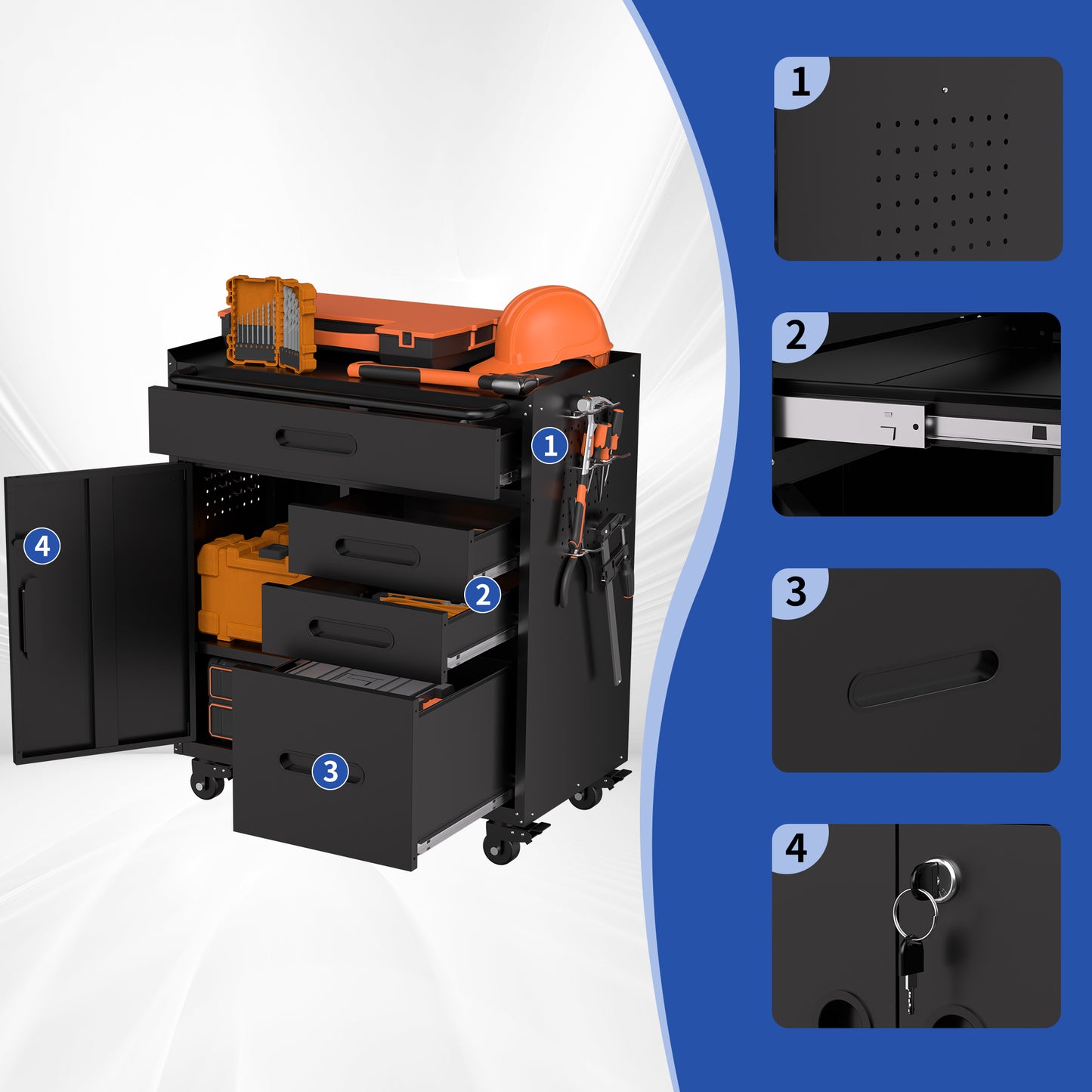34.3" Mobile Tool Storage Cabinet - Garage Organizer with Lockable Compartment & 4 Drawers, Rolling Steel Chest for Workshop and Home Garage image 11