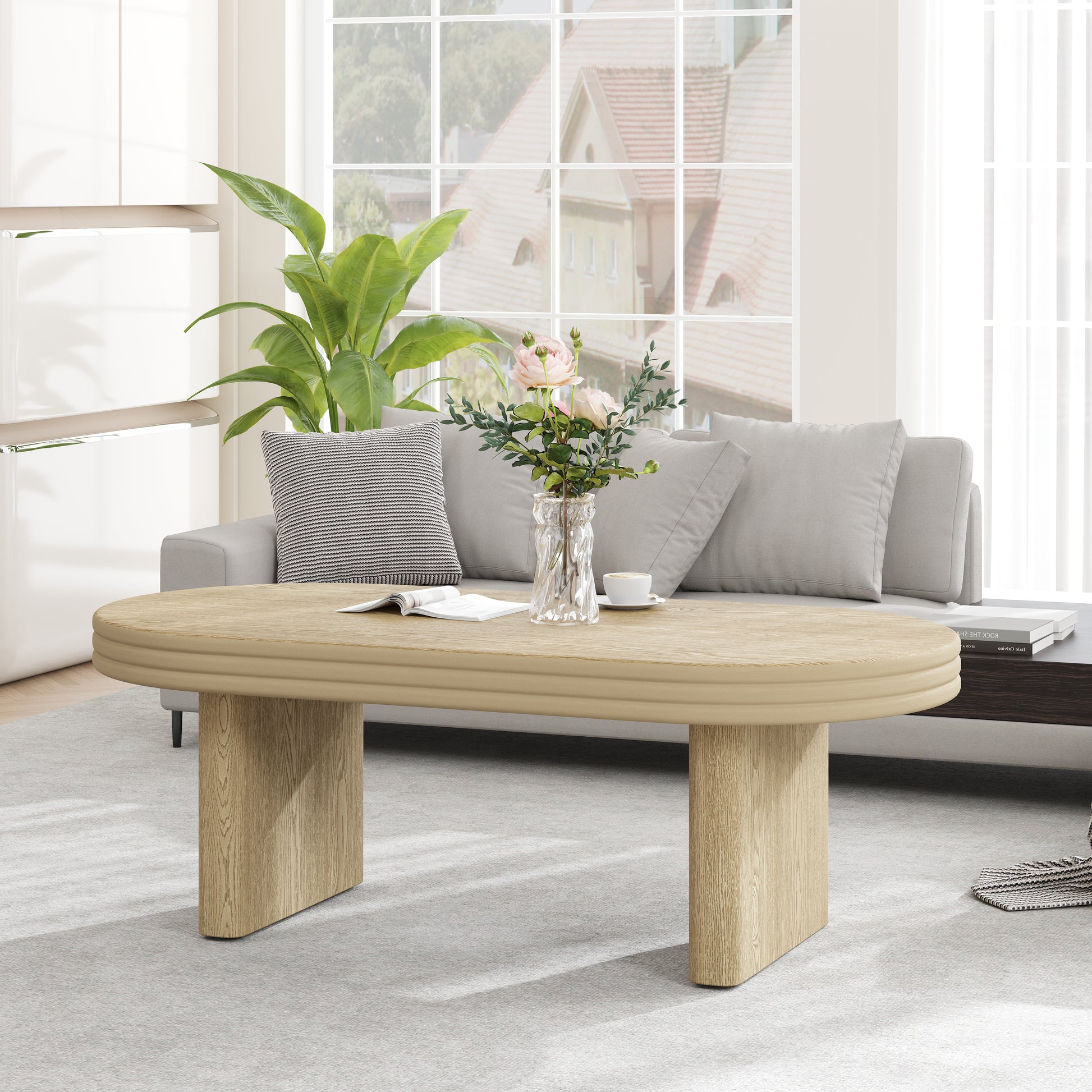 Mid Century Modern Oval Fluted Coffee Table, Farmhouse Wood Coffee Table, Cocktail Table, Center Table for Living Room, Office, Home Decor(Natural, 23.62" D x 47.24" W x 16.34" H) image 4