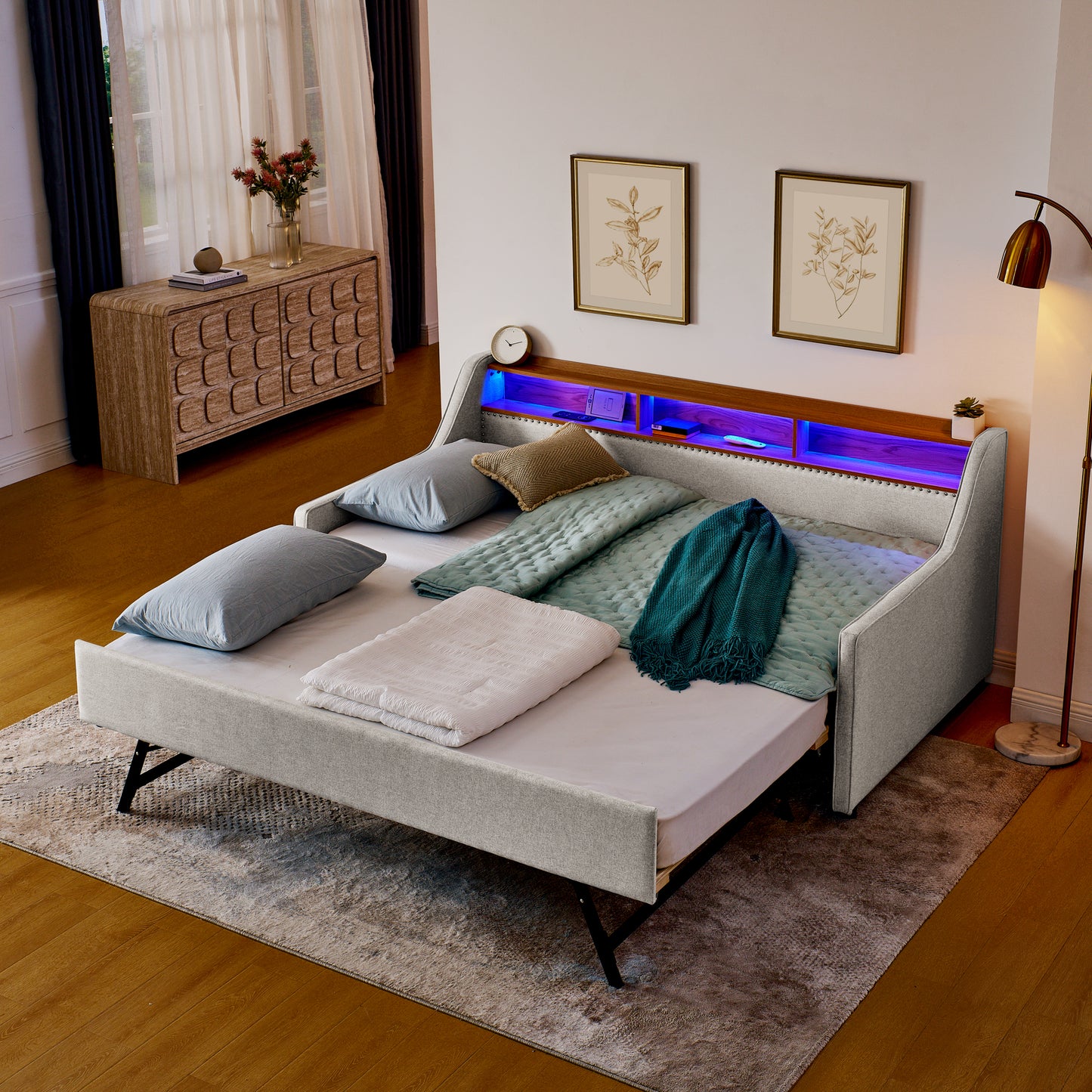 Twin Size Upholstery Sofa Bed with Three LED lights, with Storage Adjustable Headboard, with Foldable Leg Pull up Trundle Bed and Wireless Charging, Linen Padded Sofa Bed frame, Beige image 1