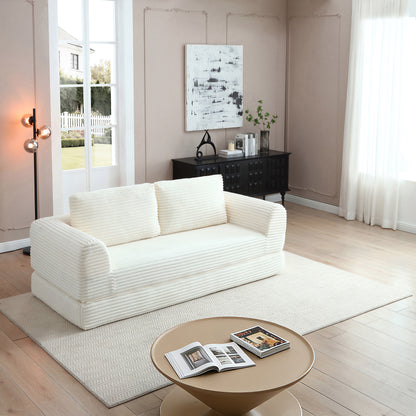 2-in-1 Folding Convertible Sofa Bed, Modern Corduroy Sleeper Couch with 2*pillows, Futon Modular Upholstered Boneless Sofa with Pull-Out Bed,Folding Floor Modular Couch for Living Room Beige image 2
