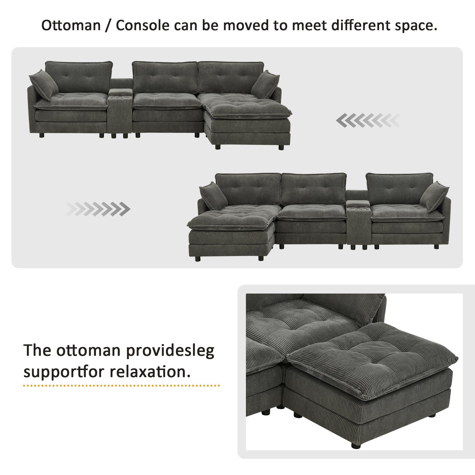 119" L-Shaped Oversized Corduroy Modular Sectional Sofa with 1 Ottoman and Multi Functional Console, 4-Seater Upholstered Couch with USB and 2 Cup Holder, Easy Assembly, for Living Room, Grey image 8