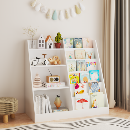 New Kids Bookshelf and Toy Storage Organizer, Multifunctional 4 Tier Wooden Kids Book Shelf with Bookcase Display Stand in Kids Room Playroom Nursery for Kids, Children, Toddlers (White) image 1