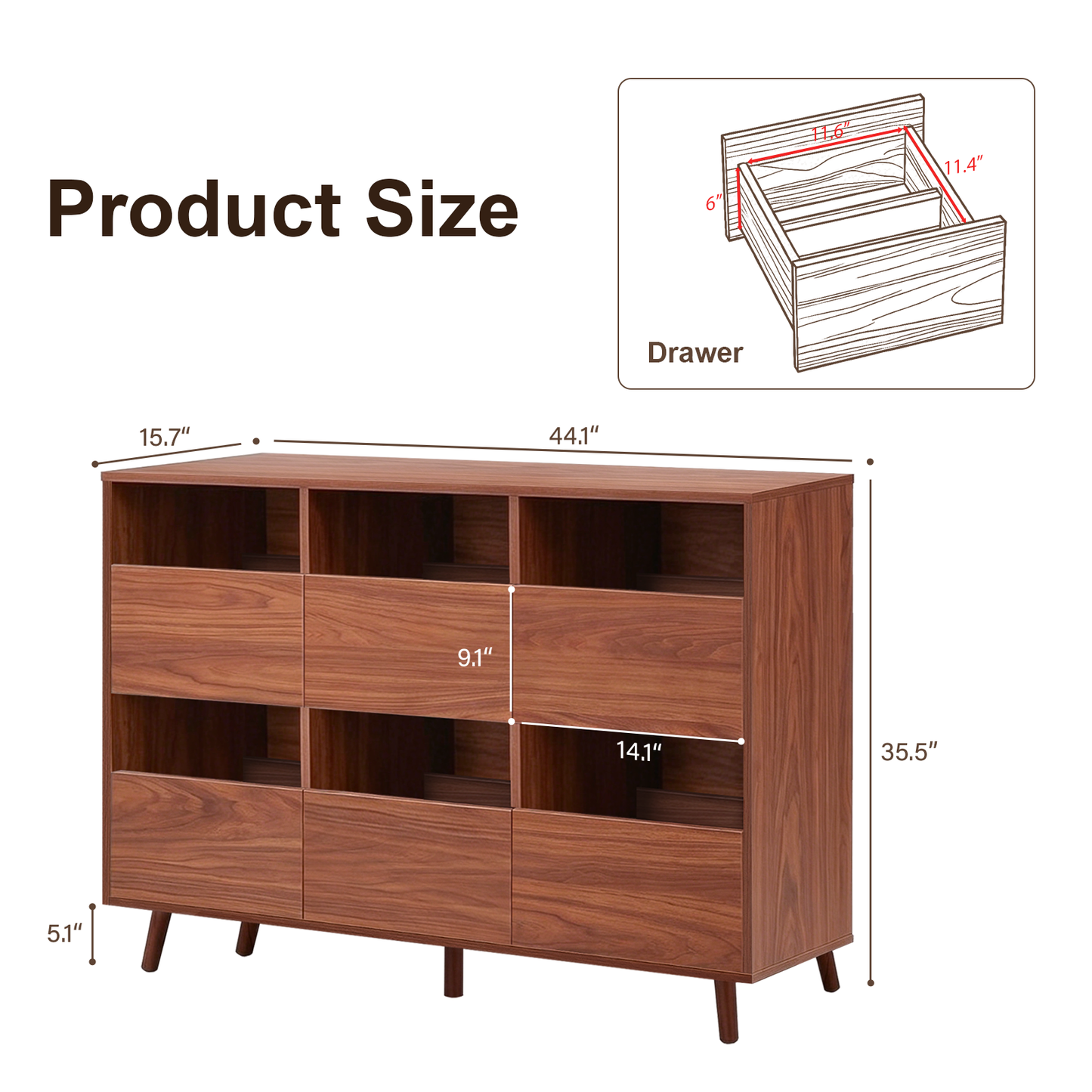 44.1" Large Record Player Stand, Mid Century Turntable Stand,Vintage Player Table with Spacious Storage, Vinyl Record Holder for Bedroom Living Room (Walnut) image 7