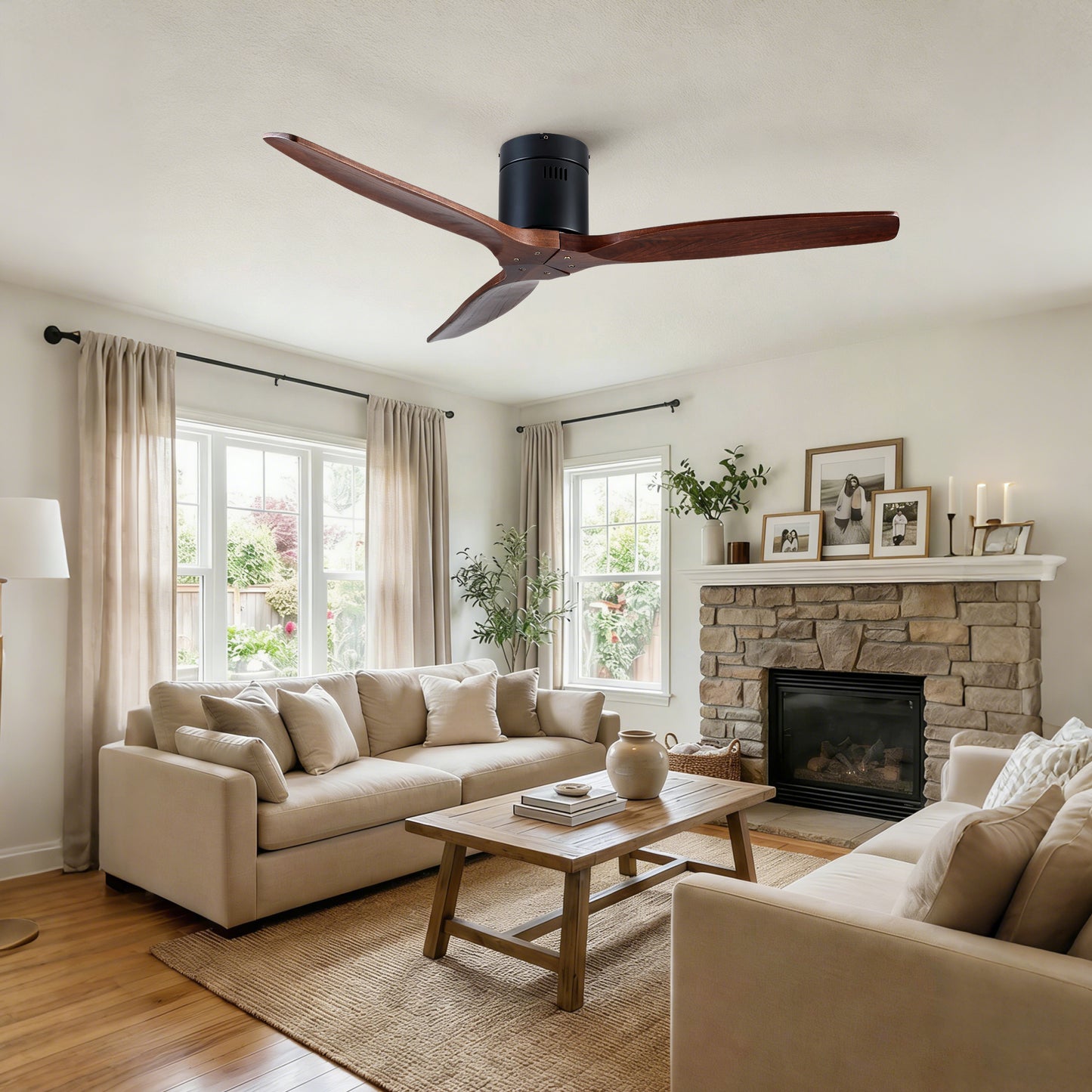 52 inch Indoor Farmhouse Rustic Ceiling Fan Matte Black with 3 Solid Wood Blade Remote Control Reversible DC Motor image 5