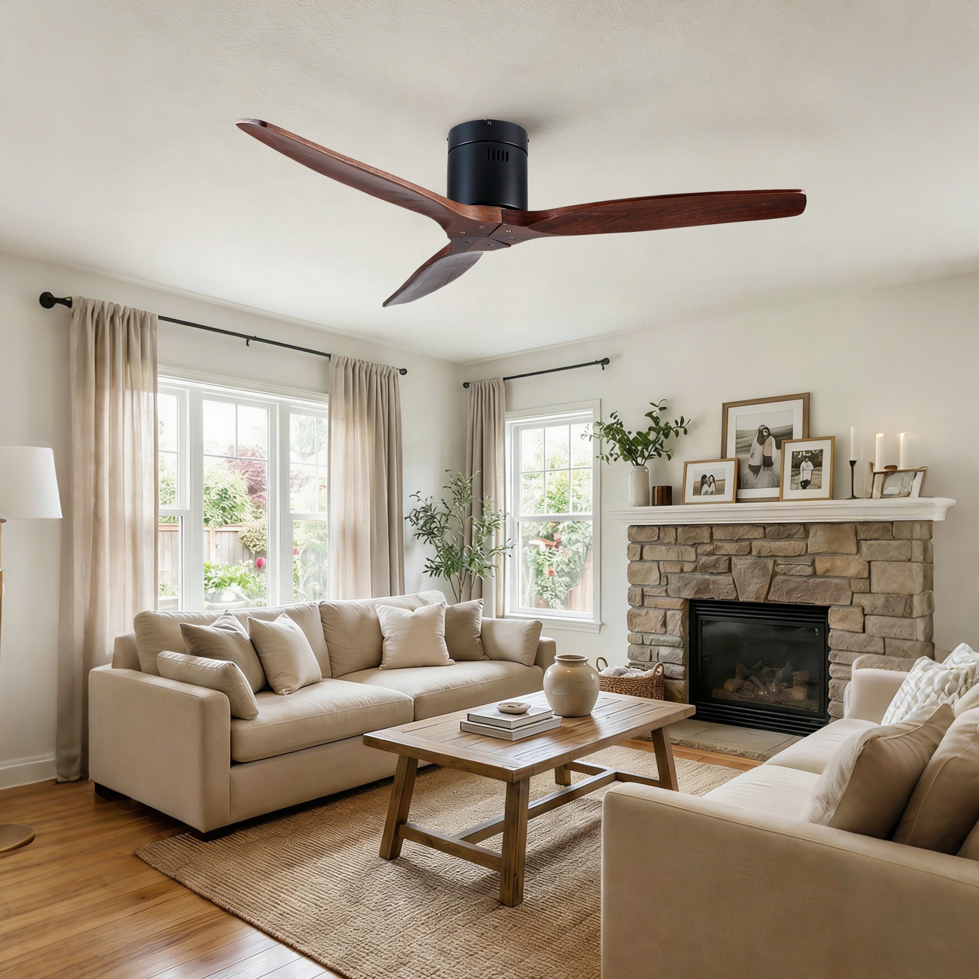 52 inch Indoor Farmhouse Rustic Ceiling Fan Matte Black with 3 Solid Wood Blade Remote Control Reversible DC Motor image 5