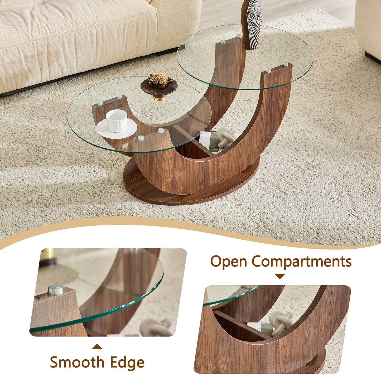 Creative U-Shaped Double-Tier Glass Coffee Table with Walnut MDF Base - lower tier storage with books and snacks