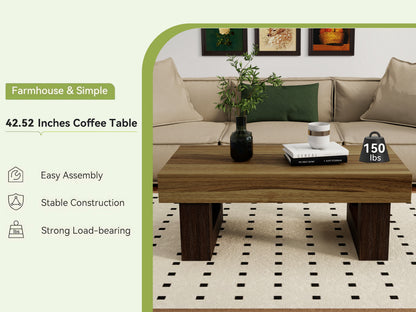 42 Inch Wood Rectangular Coffee Table, All MDF Farmhouse Accent Center Low Cocktail Tea Table with Sturdy Base for Living Room-Rustic Brown image 5